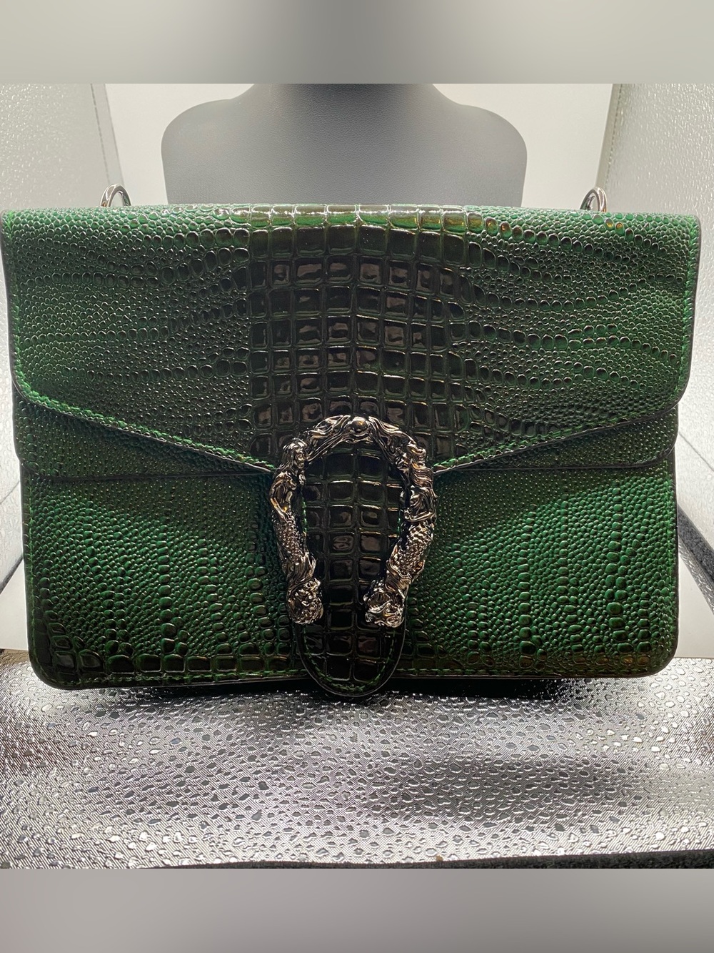 Green Croc-Embossed Shoulder Bag with Silver Hardware